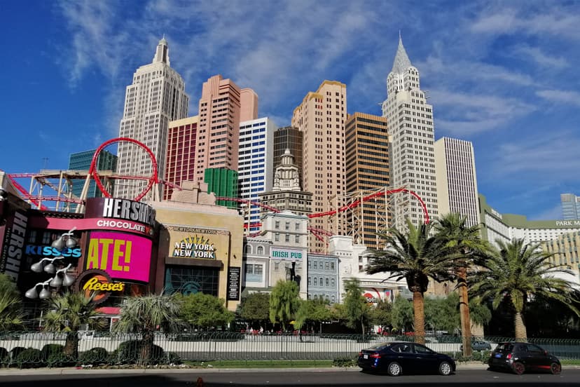 New York-New York in Las Vegas — The 81,000-sq-ft NY-NY casino — Greenwich Village and Times Square themed pits, plus The Park entrance toward T-Mobile Arena
