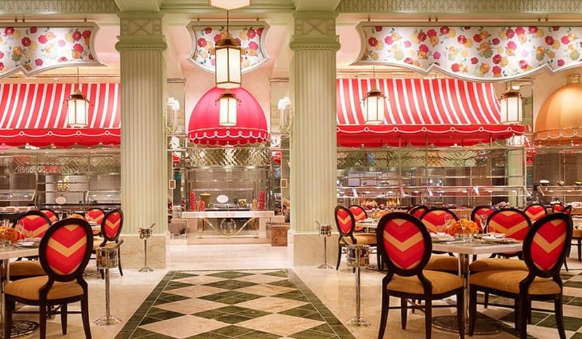 The Buffet at Wynn in Las Vegas — Wynn's 500-seat buffet in a floral pavilion — Alaskan king crab, prime rib carving, and an unusually deep Indian station