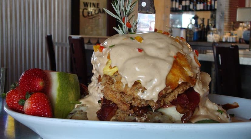 Hash House A Go Go in Las Vegas — The original San Diego-style "twisted farm food" diner at The Linq — towering breakfast plates, 24 hours at select locations