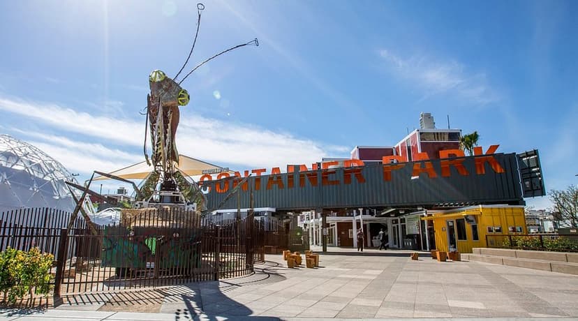 Downtown Container Park in Las Vegas — An outdoor shopping and dining plaza built from shipping containers in Fremont East, watched over by a 55-foot fire-breathing praying mantis