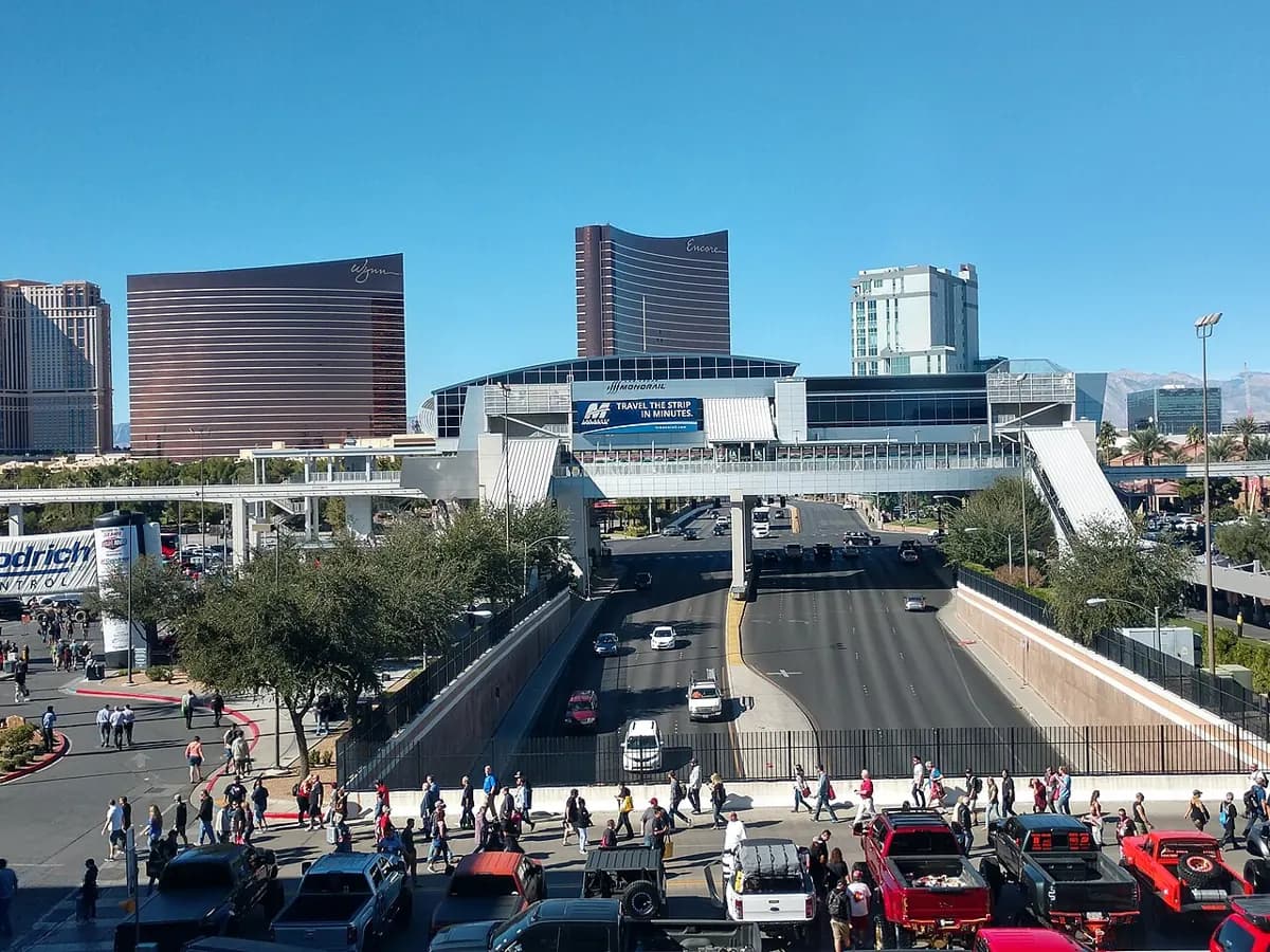 Convention Center Monorail station with pedestrian approaches and surrounding hotels
